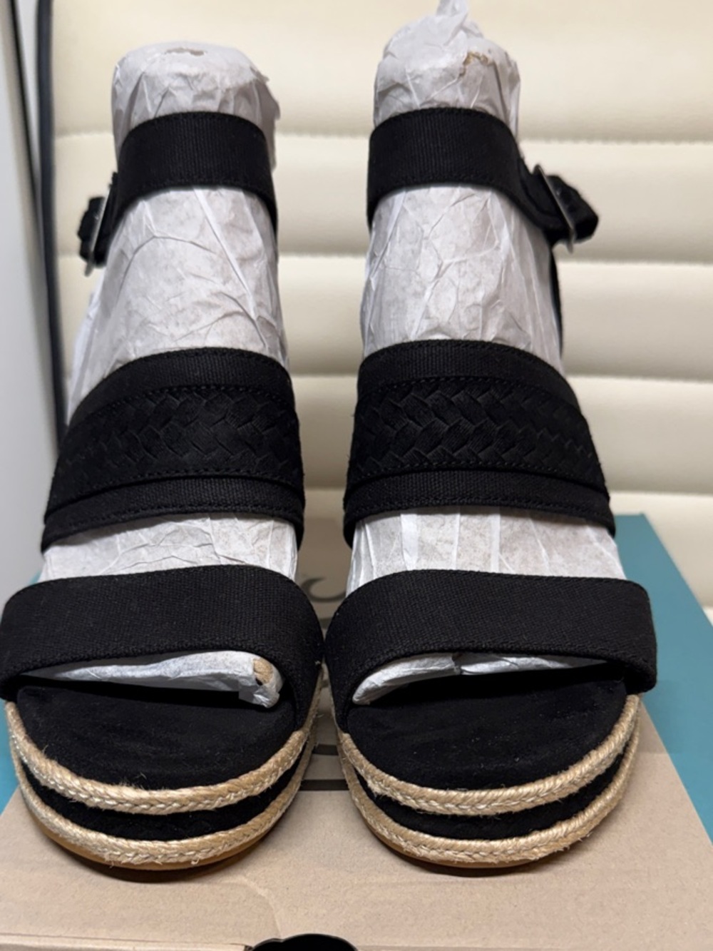 TOMS Black Canvas Braided Espadrille Wedge Sandals